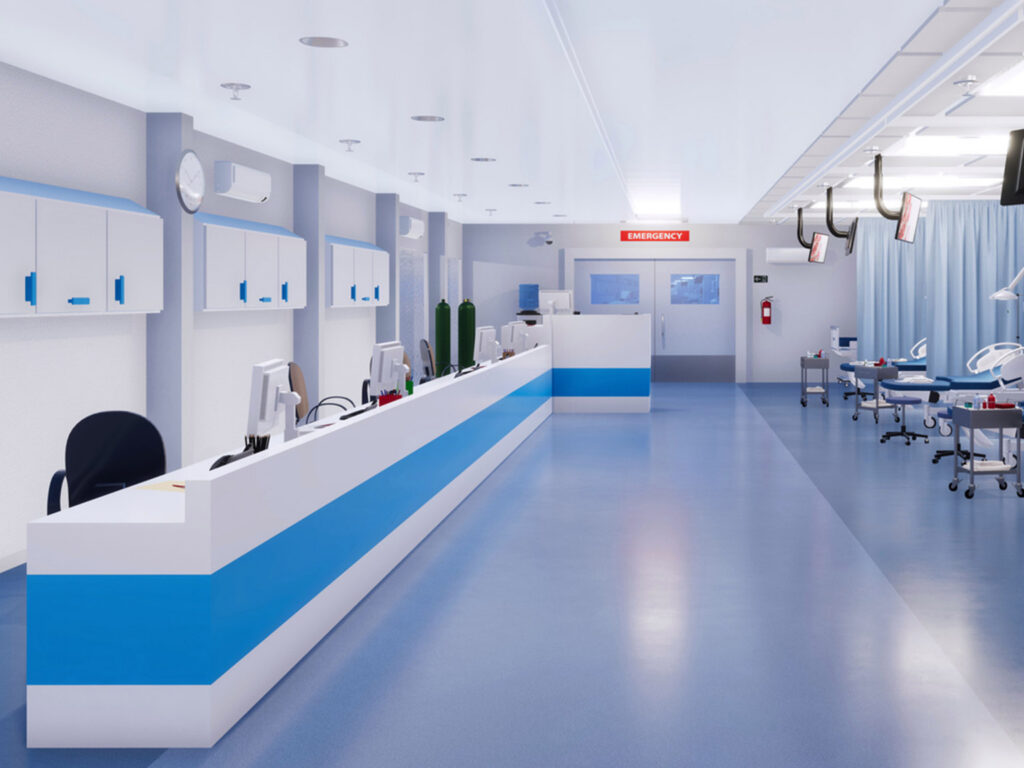 Modern hospital emergency room with blue and white decor