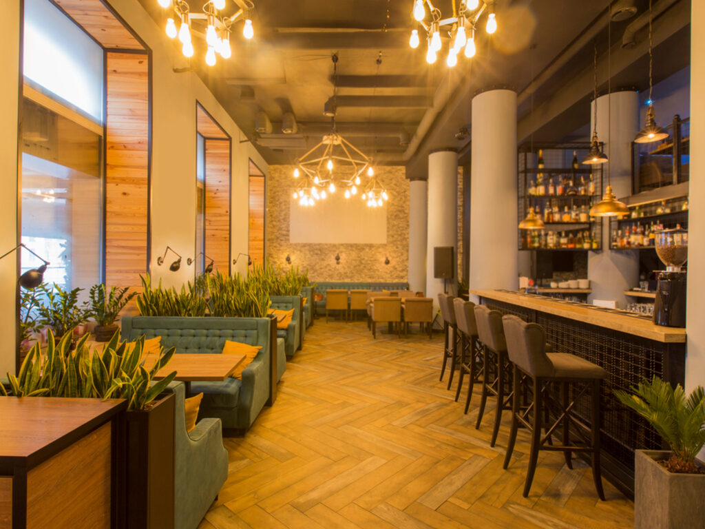 Cozy modern restaurant interior with stylish seating and elegant lighting