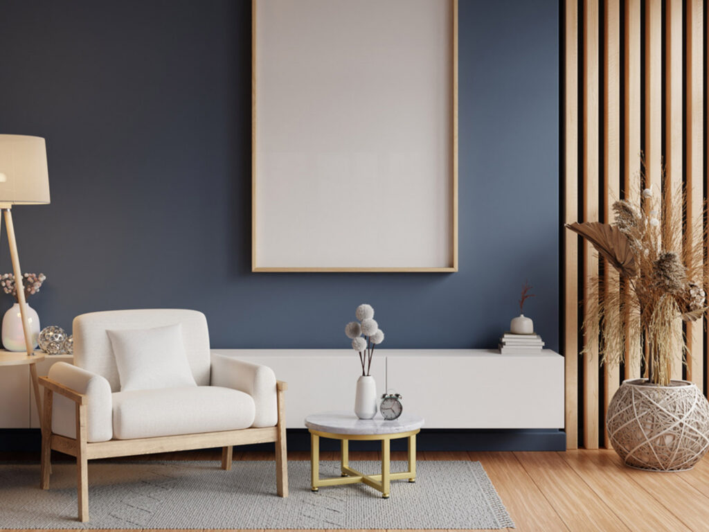 Modern living room with a cozy armchair and minimalist decor.