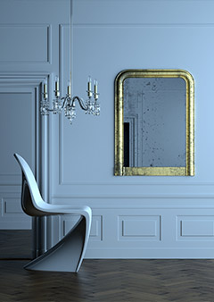 Elegant modern chair and vintage mirror in minimalistic room setting.
